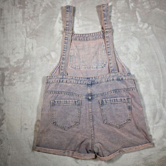 Misslook Denim Short Overalls Size M Blue Pink Wash Floral Detail - Picture 2 of 7